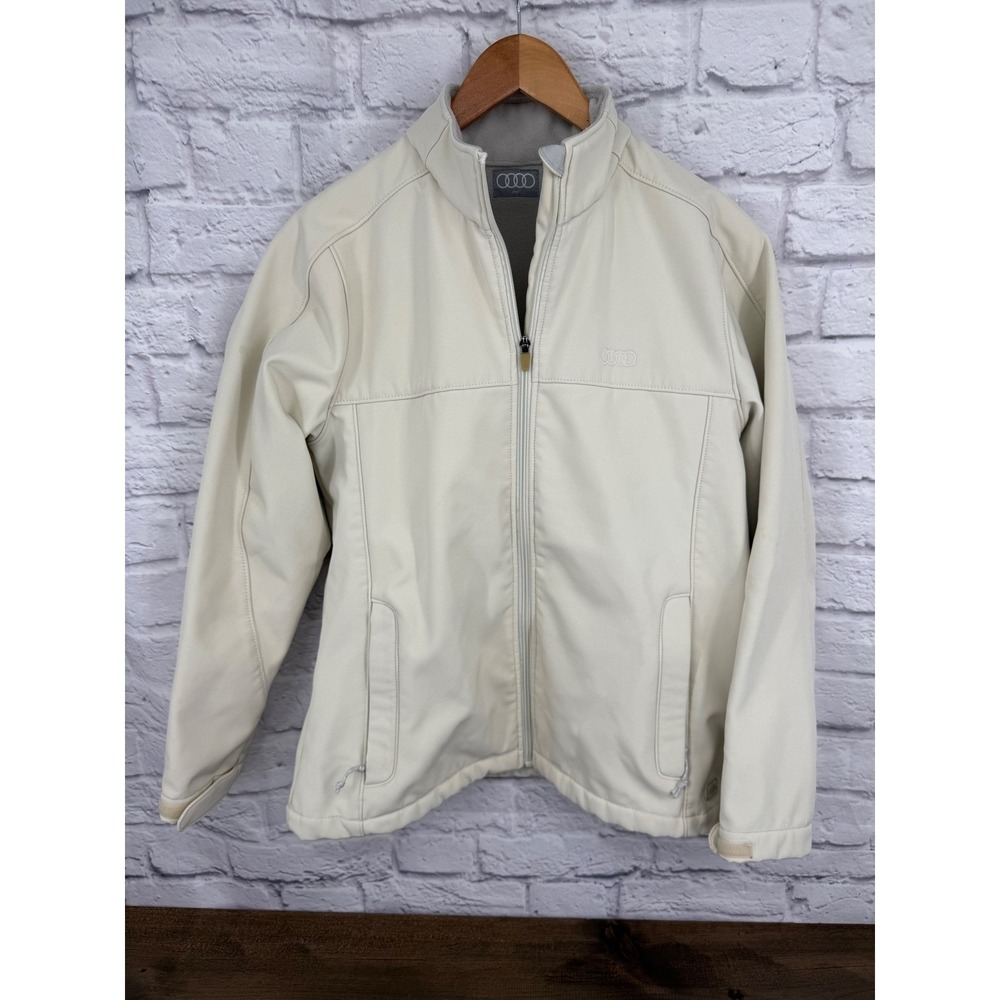 Audi Womens Softshell Jacket Cream Full Zip Fleece Lined Mock Neck Medium Logo - Picture 2 of 16